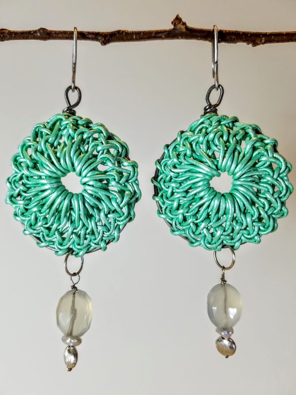 Metallic Hand-crocheted Mint Green Leather Rosette with Chalcedony, Brushed Silver Bead and Freshwater Keishi Pearls Hanging View