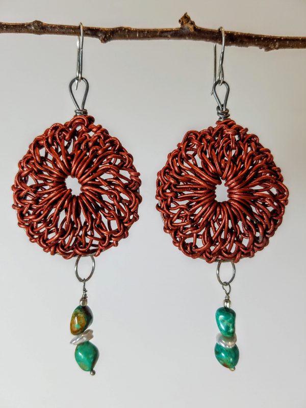 Metallic Hand-crocheted Copper-Colored Leather Rosette with Kingman Green Turquoise and Freshwater Keishi Pearls Hanging View