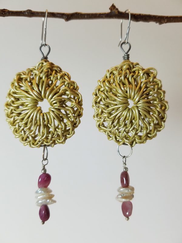 Celadon Green Hand-Crocheted Leather Rosettes with Pink Tourmalines and White Keishi Pearls and Silver Earrings Hanging View