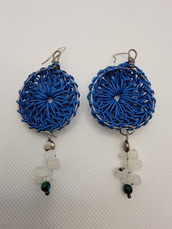 Hand-crocheted Royal Blue Leather Rosette with Dalmatian Moonstone Briolettes, Chrysoprase and Brushed Silver Bead Rear View
