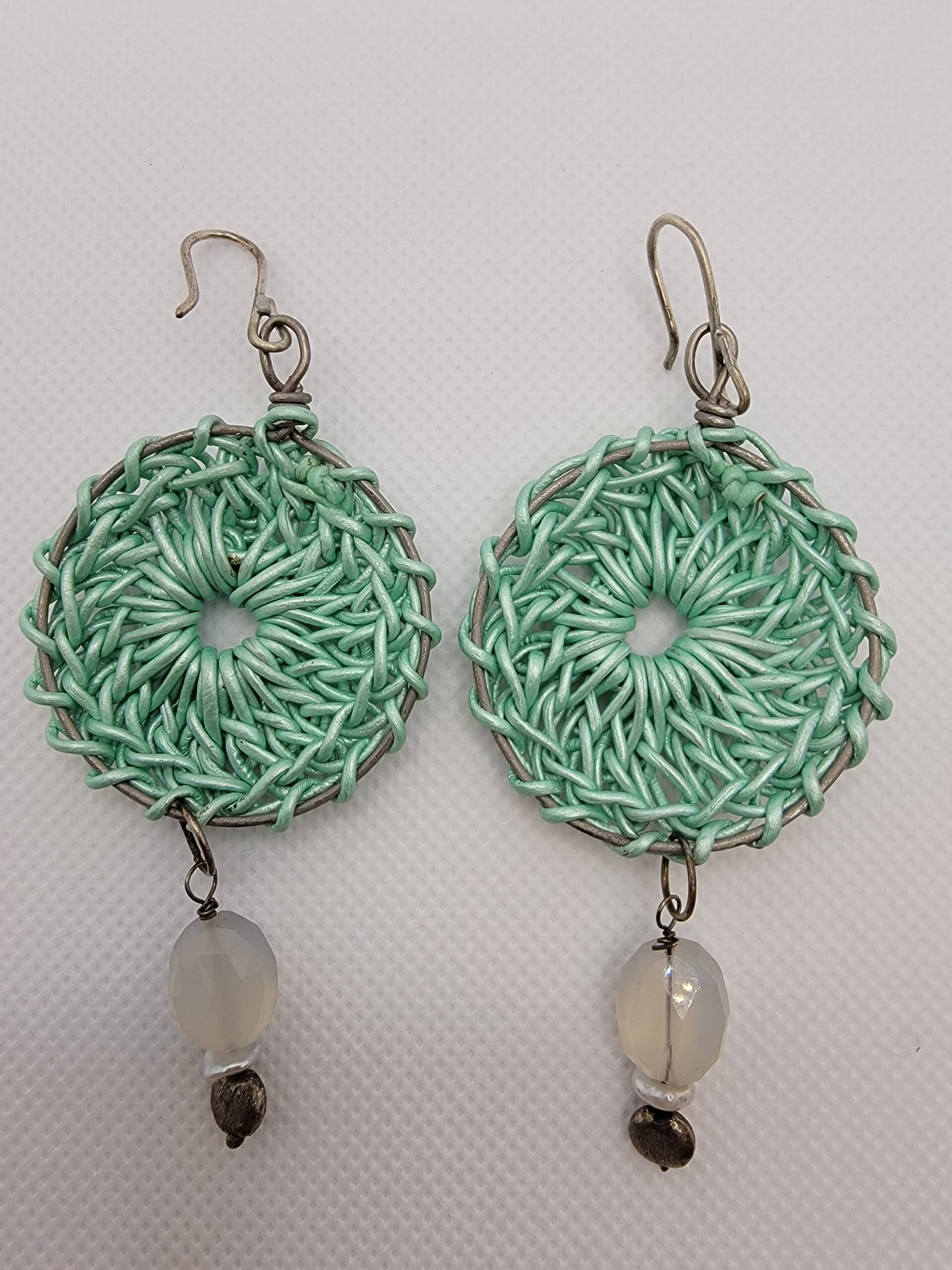 Metallic Hand-crocheted Mint Green Leather Rosette with Chalcedony, Brushed Silver Bead and Freshwater Keishi Pearls Rear View