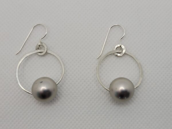 Hand Made Hammered Sterling silver hoop dangle, rings and ear wires with a large 12 mm Glass Pearl in Silver Color