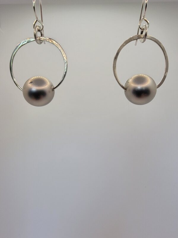 Hand Made Hammered Sterling silver hoop dangle, rings and ear wires with a large 12 mm Glass Pearl in Silver Color Front Hanging View