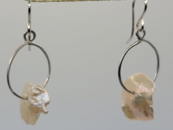 Hand Made Hammered Sterling Silver Hoops on Sterling Ear Wires with Buff, Ecru or Beige Keishi Pearls - Approximately 16mm x 10mm Hanging View